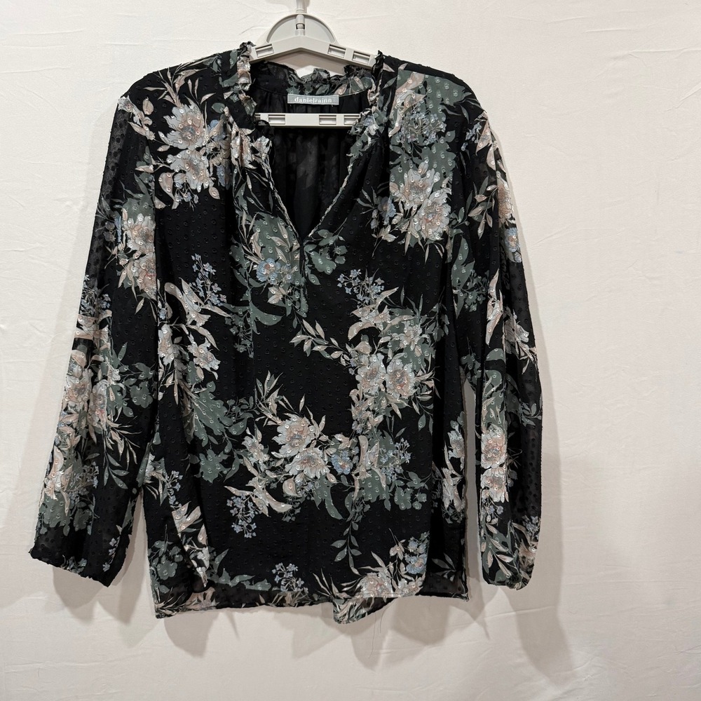 Daniel Rainn Womens Black‎ Floral Swiss Dot Ruffle Neck Blouse D17969PD2 Size L